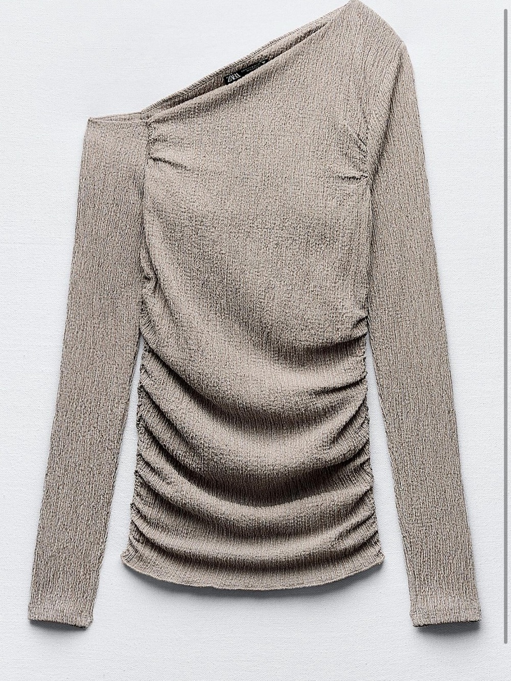 Zara Taupe Asymmetrical Ruched Long-Sleeve Top and textured Pants Set
